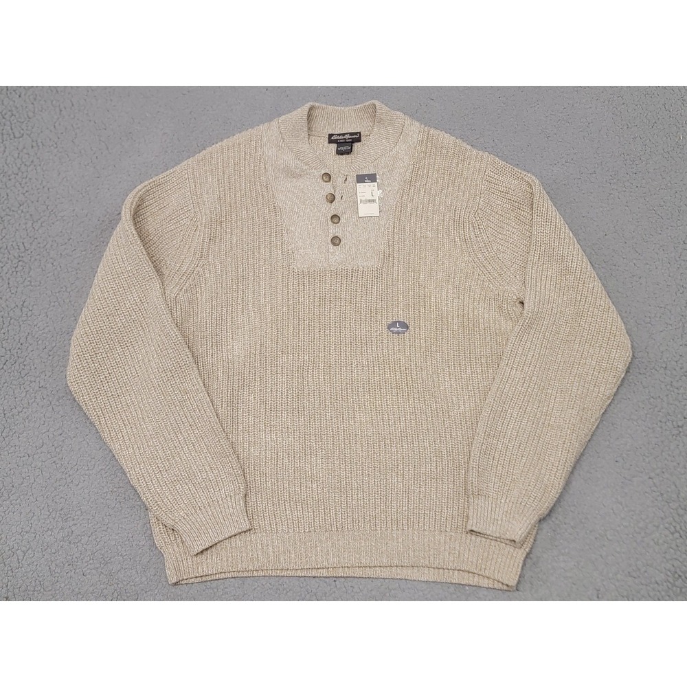 Eddie Bauer Sweater Mens Large Beige Oatmeal Cotton Henley Knit Pullover NWT